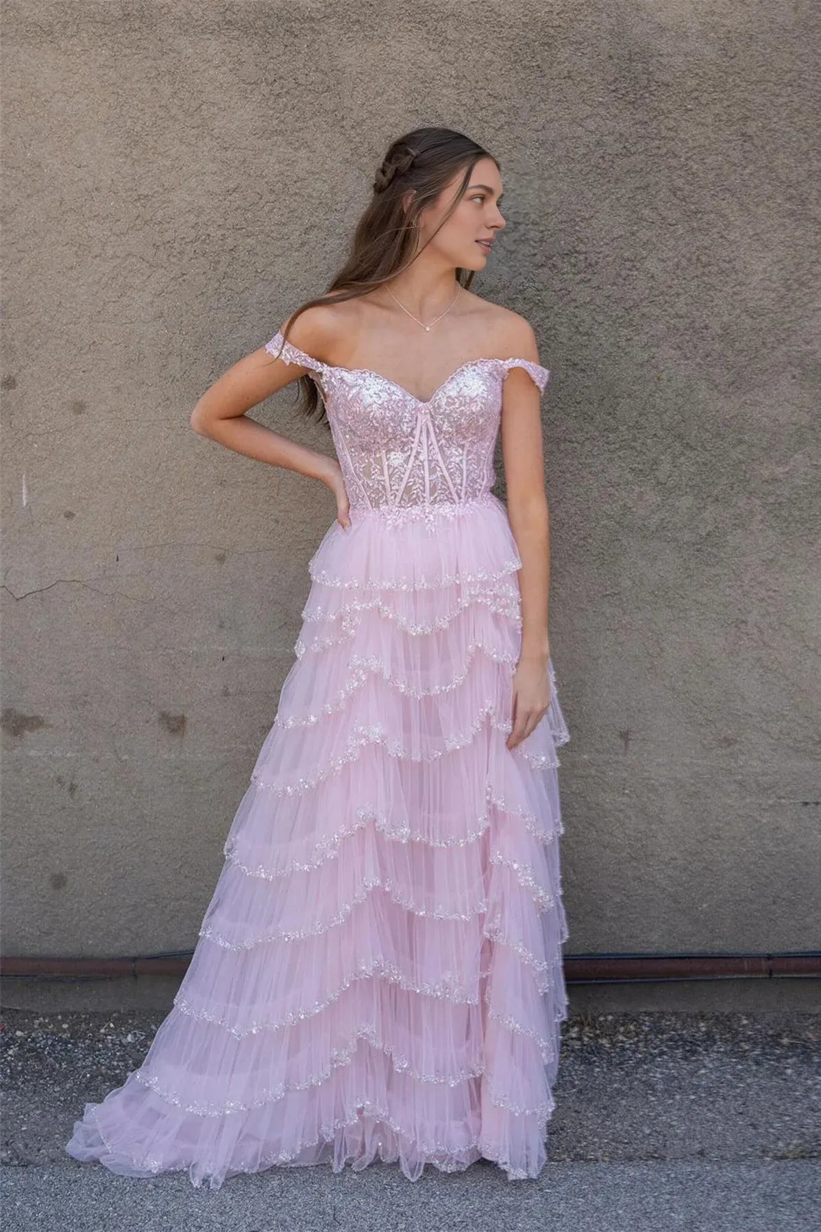 Vestido Weitese con hombros descubiertos, vestido largo escalonado con lentejuelas rosa claro, vestido de fiesta